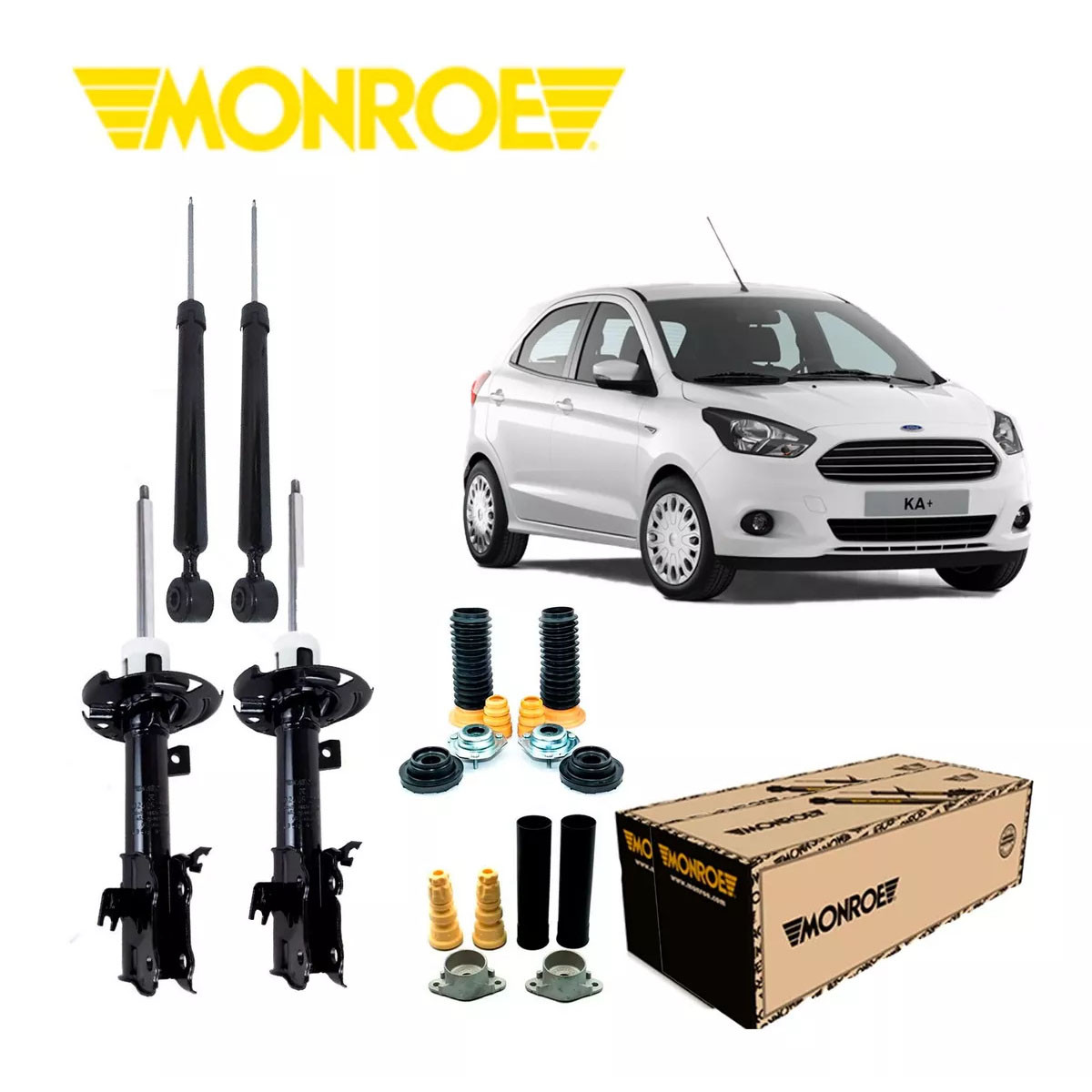4 Amortecedores Monroe + Kits Ford Novo Ka C/ Barra 2014/