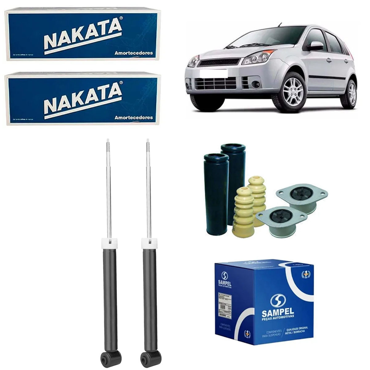 2 Amortecedores Traseiros Nakata + Kits Sampel Fiesta 02/14