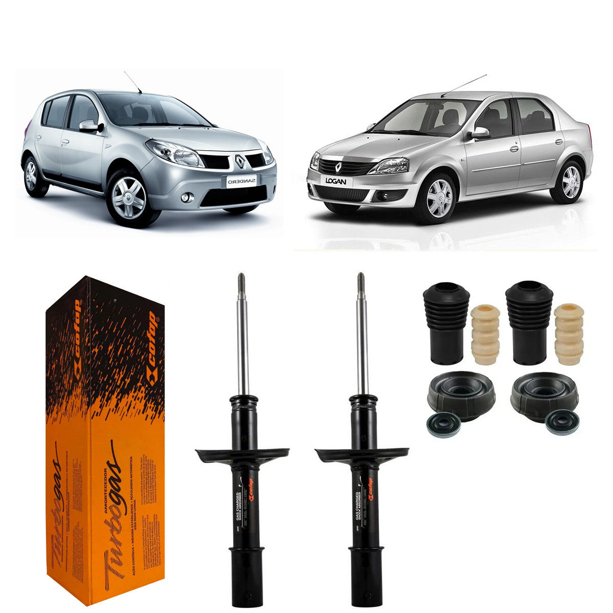 2 Amortecedores Dianteiros Cofap + Kits Logan 2007/2013 Sandero 2007/2014