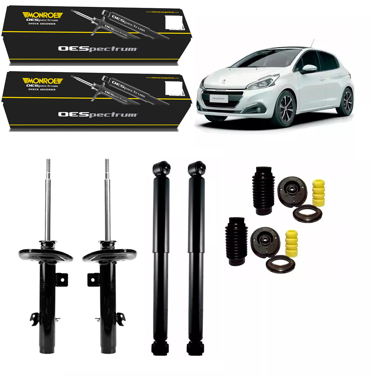 4 Amortecedores Monroe + Kits Peugeot 208 Automático 13/19