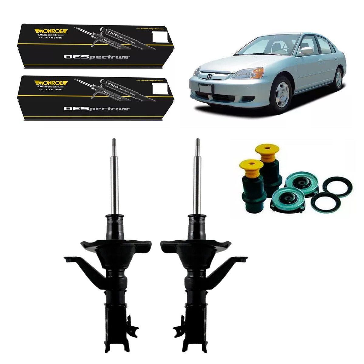 2 Amortecedores Dianteiros Monroe + Kits Honda Civic 1.7 2003/2005
