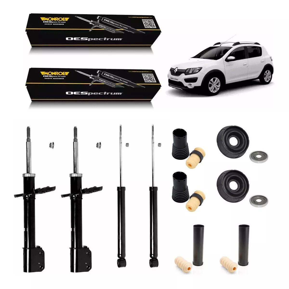 4 Amortecedores Monroe + Kits Axios Sandero Stepway 15/20